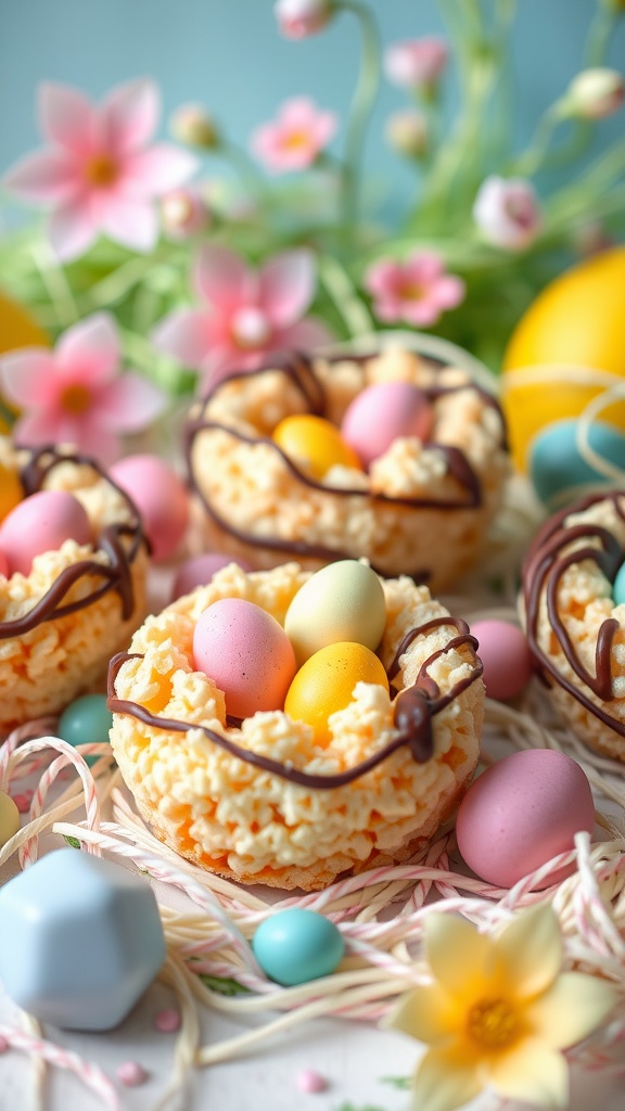 Vibrant Rice Krispie nests with candy eggs on a festive Easter table.